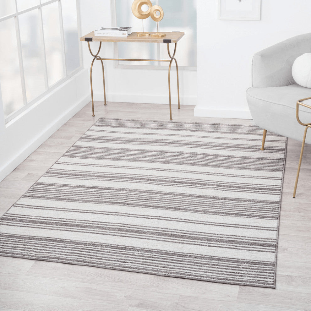 5' X 7' Gray And Ivory Striped Indoor Outdoor Area Rug