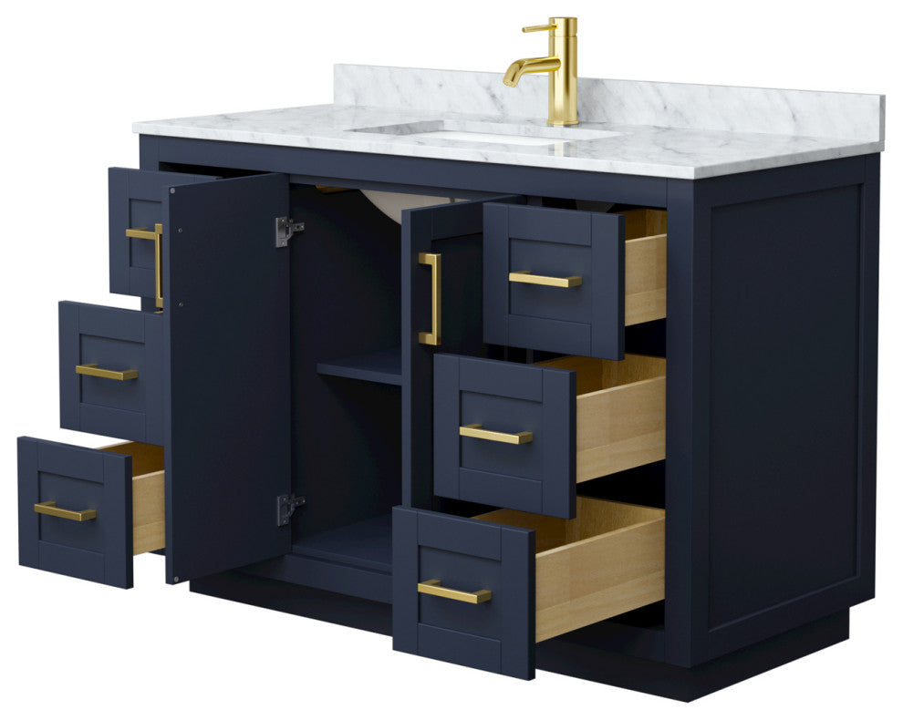 48" Single Bathroom Vanity Dark Blue, White Carrara Countertop, Sink, Gold Trim