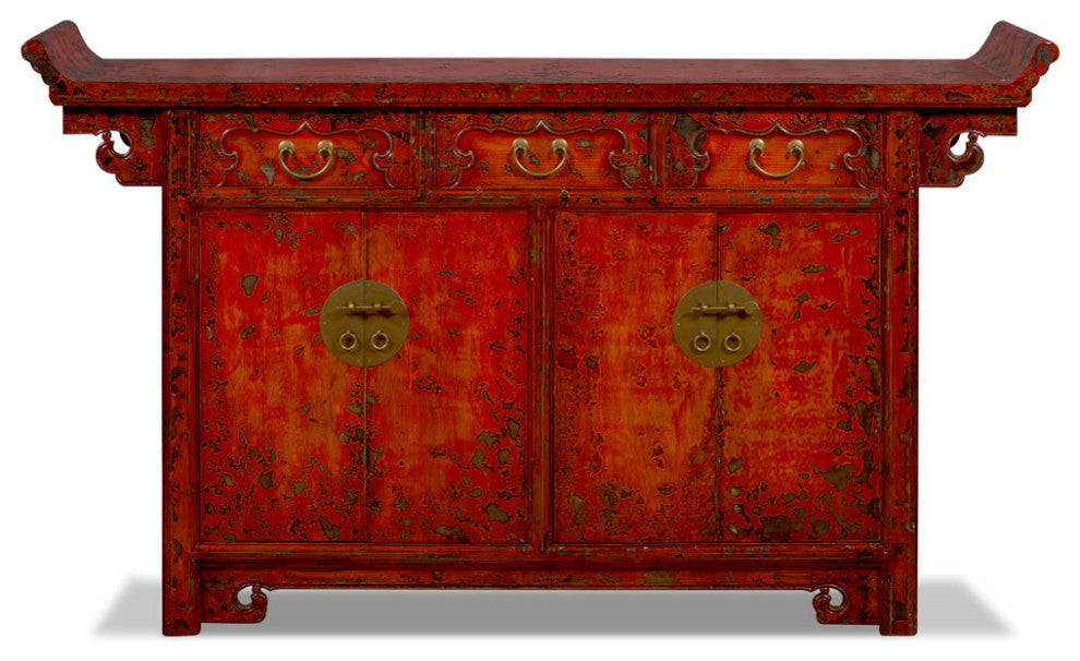 Vintage Elmwood Distressed Orange Red Altar Style Oriental Sideboard