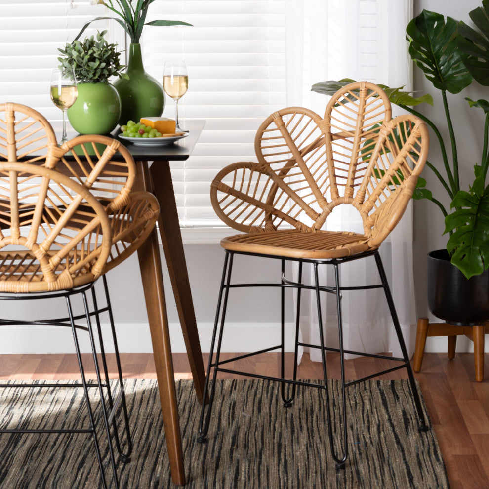 Garan Modern Bohemian Natural Brown Rattan and Black Metal Counter Stool
