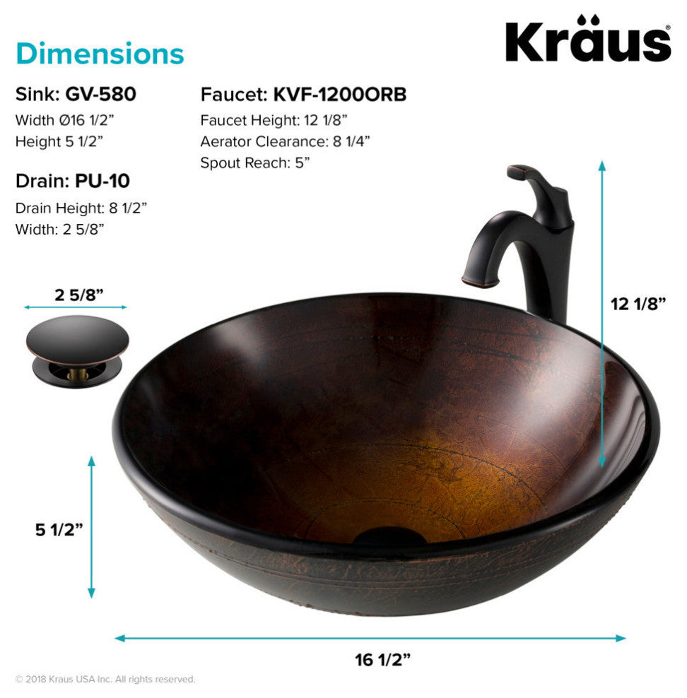 Glass Vessel Sink, Bathroom Arlo Faucet, PU Drain, Mounting Ring, Oil Rub Bronze
