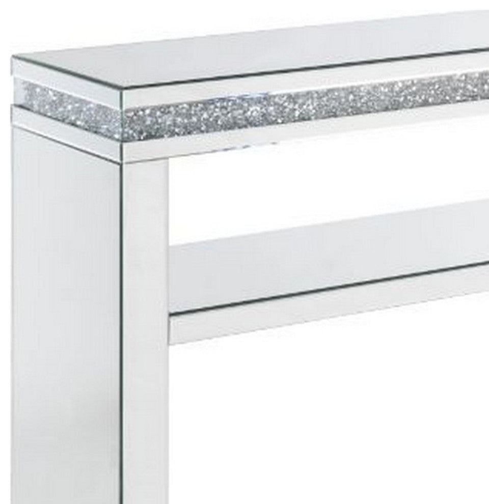 Benzara BM250574 Sofa Table With Mirror Panel Frame and 1 Glass Shelf, Silver