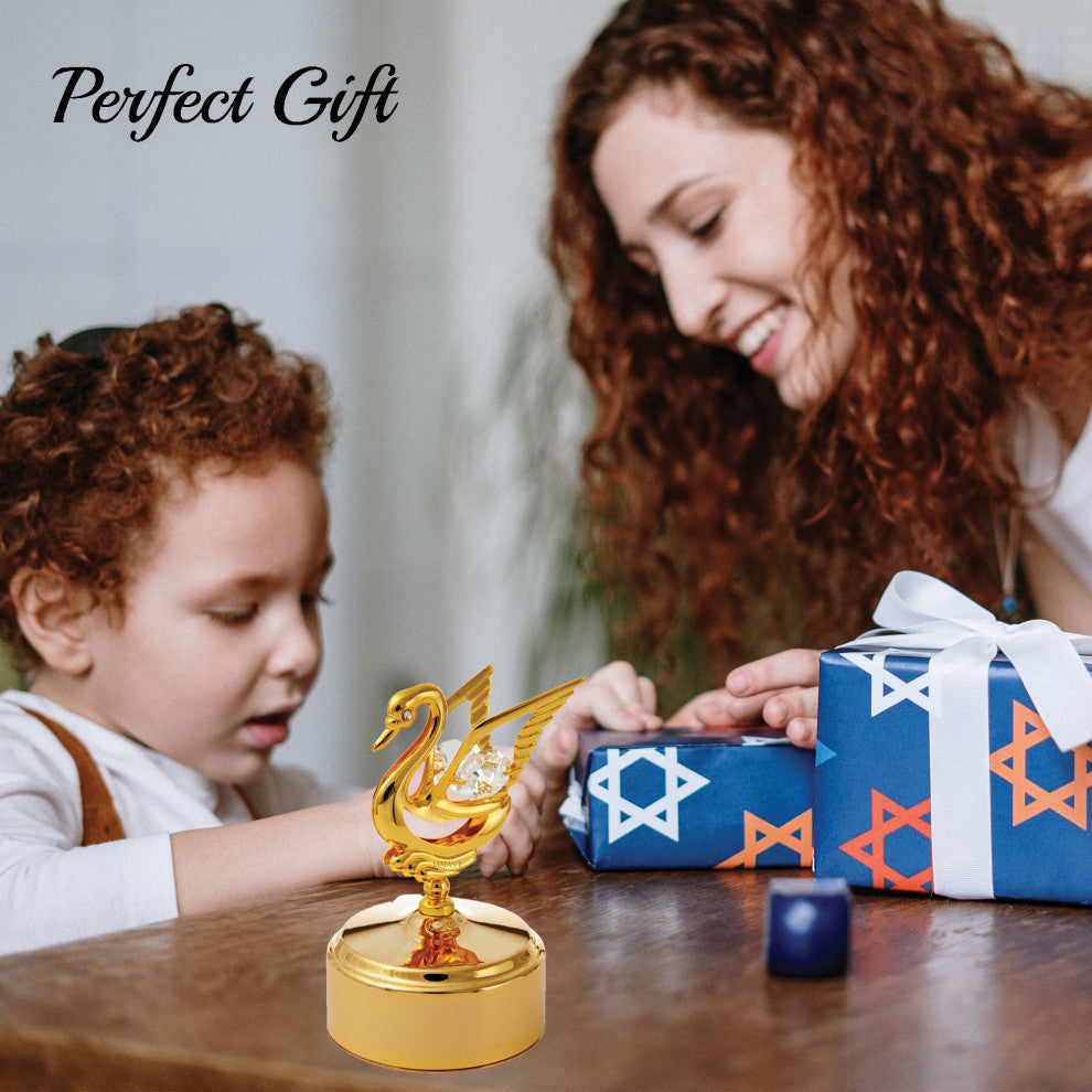 24K Gold Plated Music Box w Swan Figurine