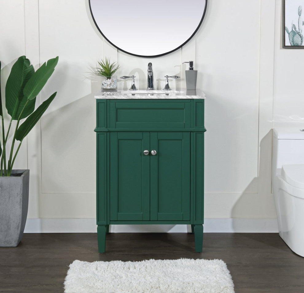 Home Living Vanity with Carrara White Marble Countertop, Green, 24", Single Sink
