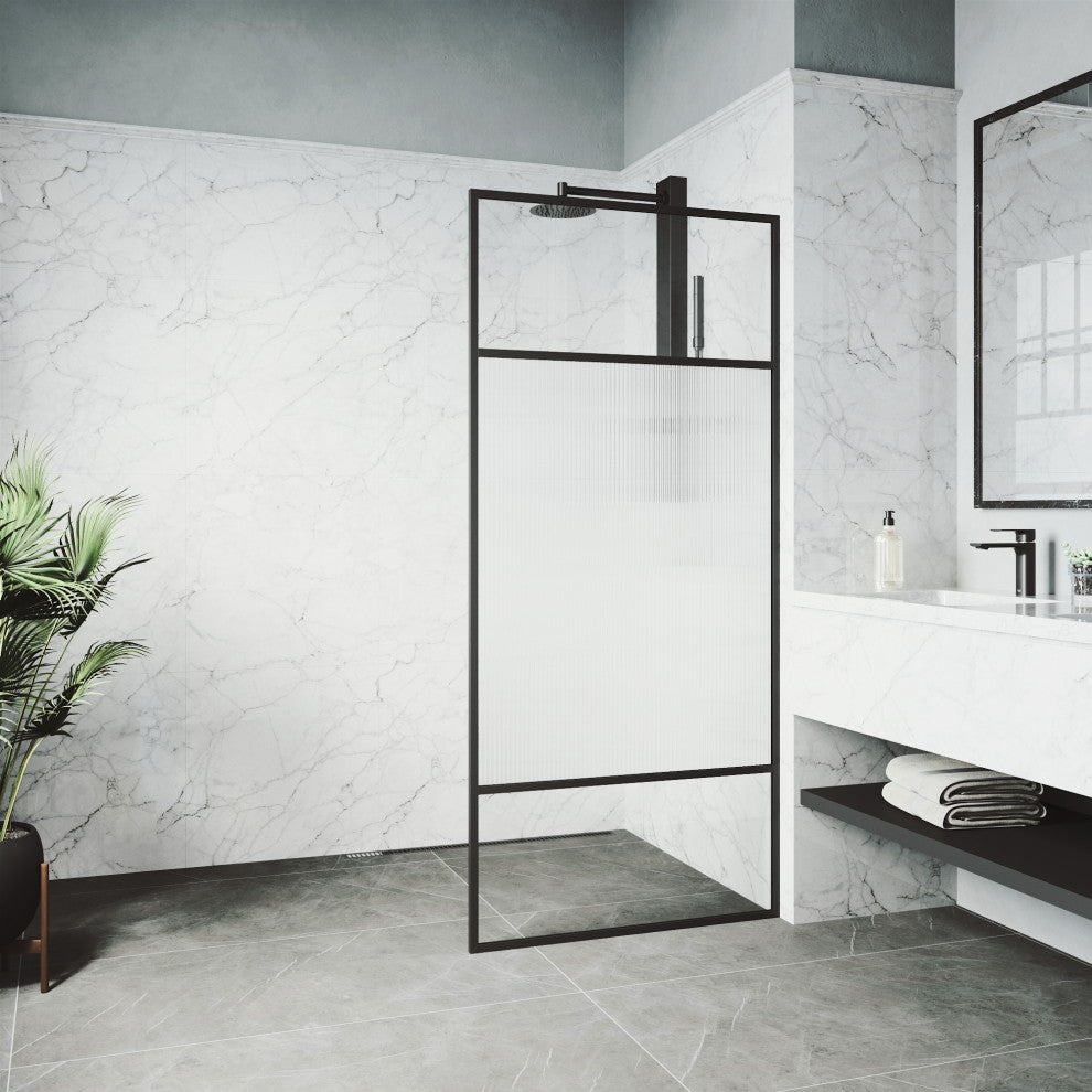 VIGO Essex 34" W x 74" H Framed Fixed Shower Screen with Fluted Glass, Matte Black