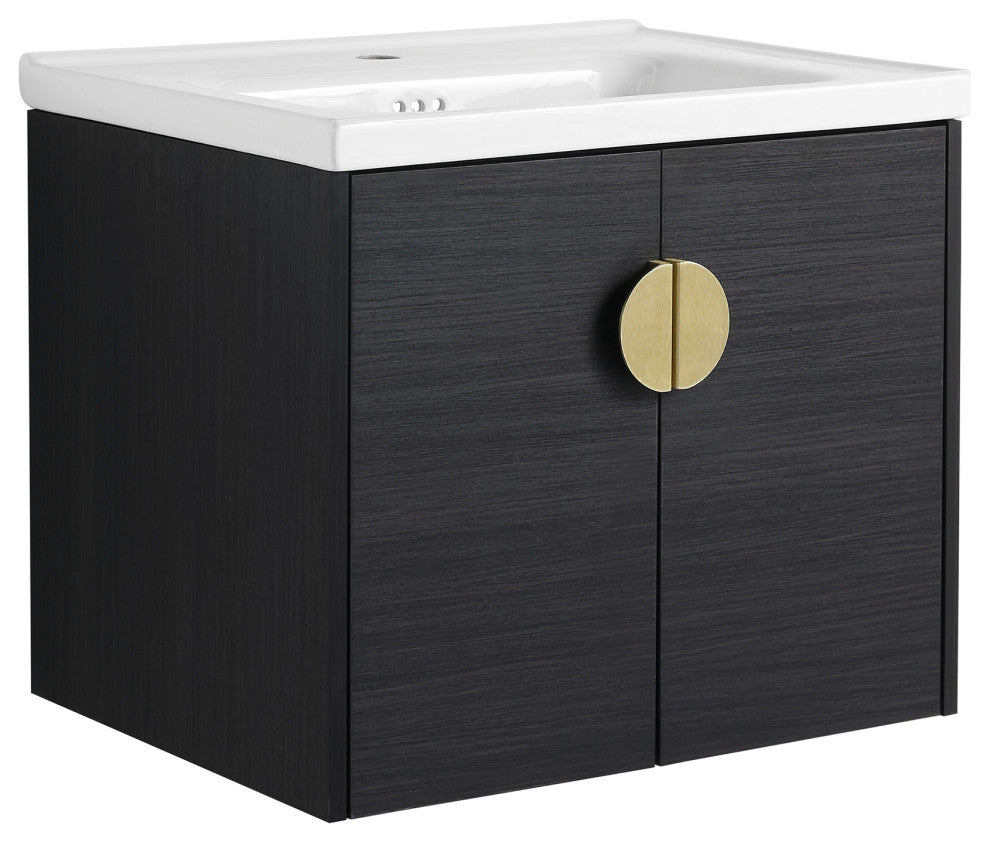 24" Plywood Wall Mounted Bath Vanity Set, Black, Ceramic Basin