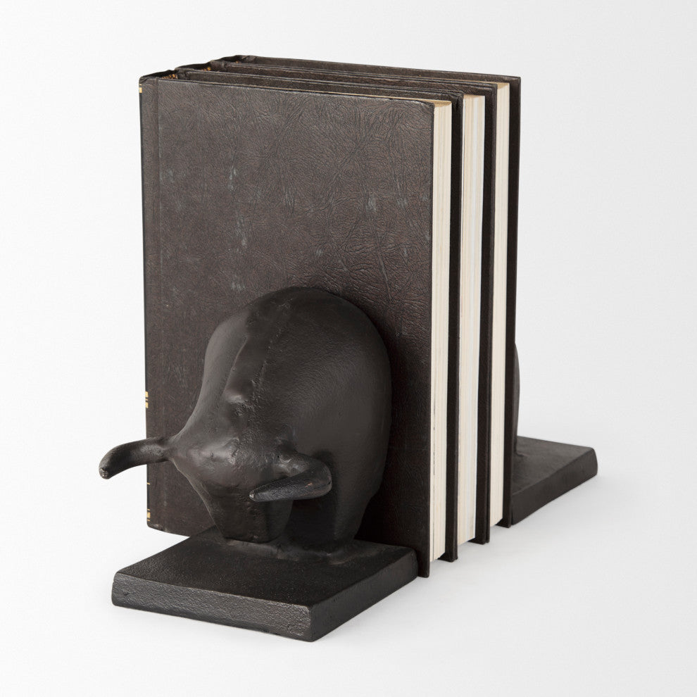 Tauro III, 2-Piece Set, 10Lx5W Black Cast Aluminum Raging Bull Bookends