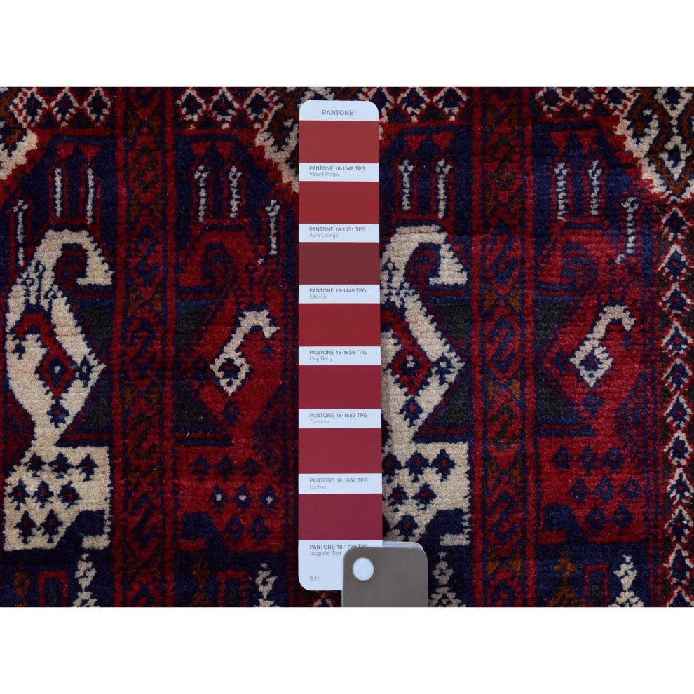 Red Afghan Khamyab Soft and Velvety Wool Hand Knotted Wide Runner Rug, 3'x12'5"