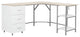 Techni Mobili L-Shape Home Office Two-Tone Desk with Storage, Sand