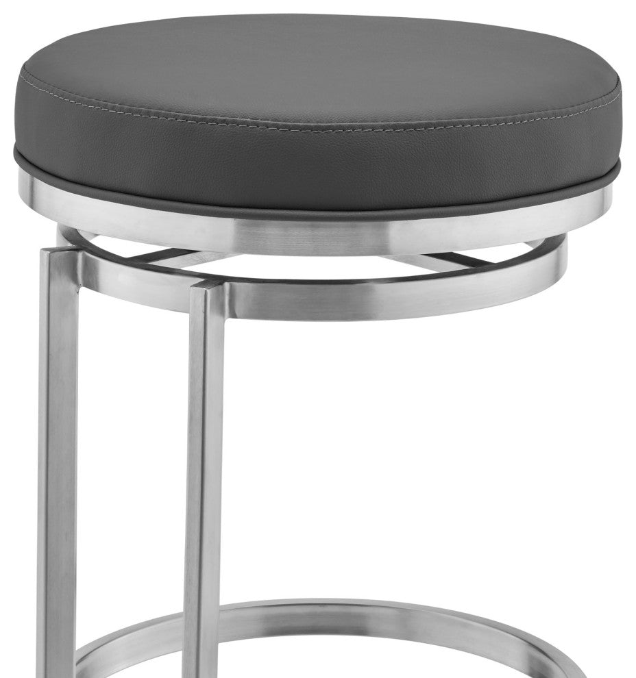 Benzara BM245974 26" Gray Leather and Brushed Stainless Steel Swivel Bar Stool