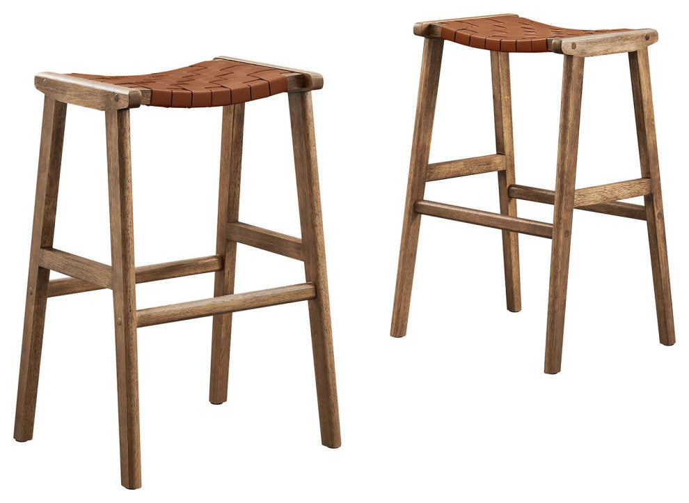 Saoirse Faux Leather Wood Bar Stool, Set of 2, Walnut Brown