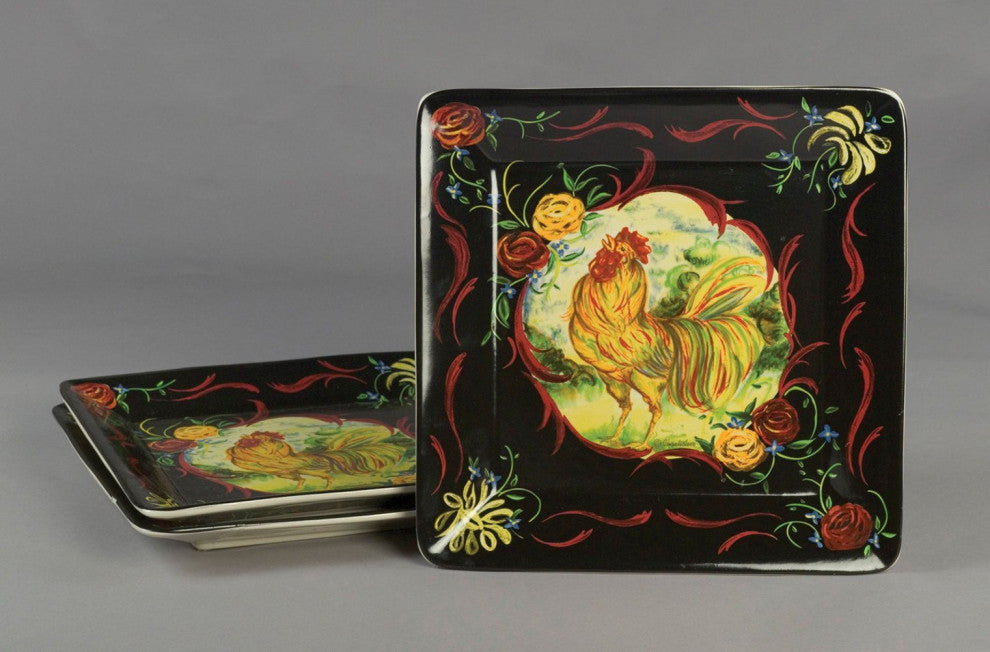 Porcelain Square Rooster Plate, Black