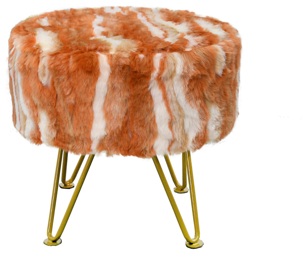 Fauxfur Ottoman Round Fuzzy Entryway Bench, Burnt Orange, 18"x18"x18"