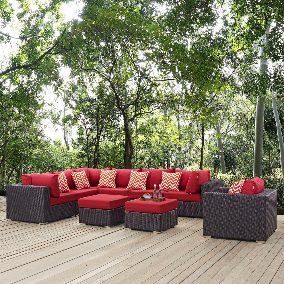 Convene 9 Piece Outdoor Patio Sectional Set, Espresso Red
