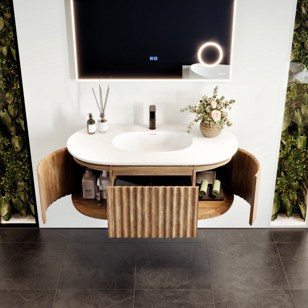 Eviva Haven 39" Medium Oak Wall Mount Vanity, White Solid Surface Integrated Top