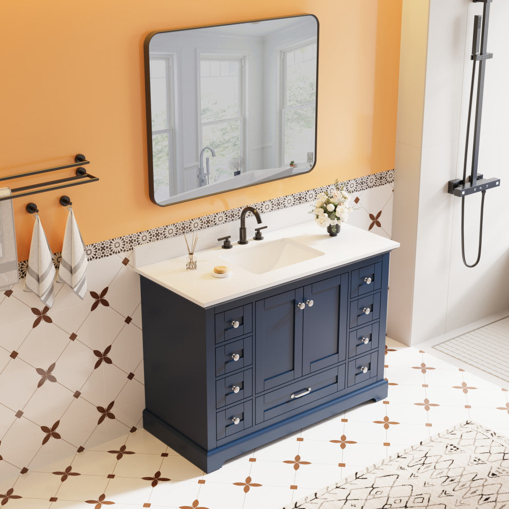 48" Freestanding Bathroom Vanity with White Cultured Marble Top in White