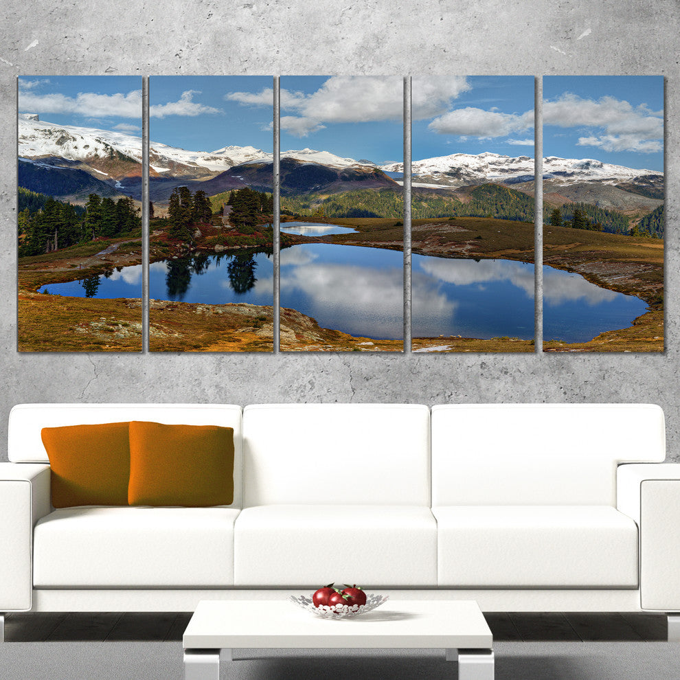 Lake with Pine Trees Reflecting Sky, Landscape Canvas Print, 60"x28", 5 Panels