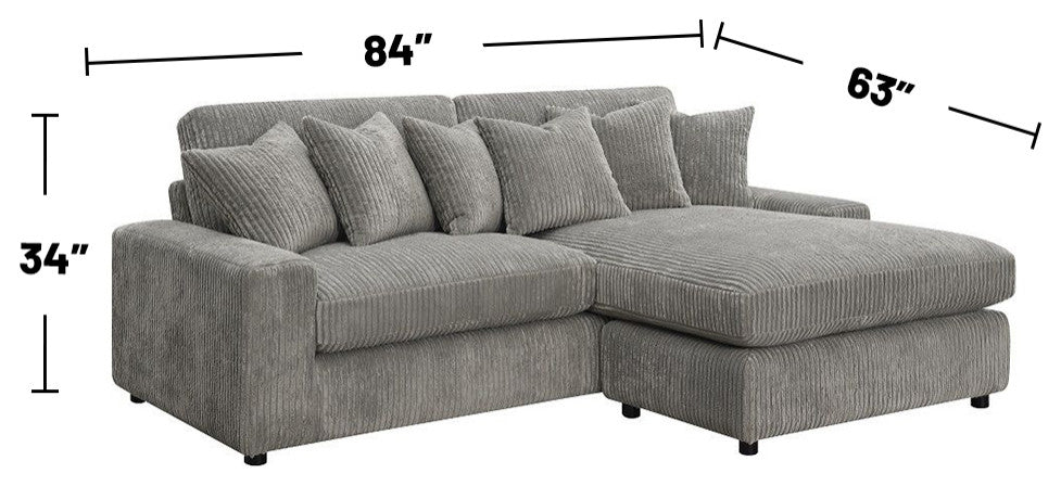 L-Shaped Corduroy Sectional Sofa with 6 Pillows in Gray