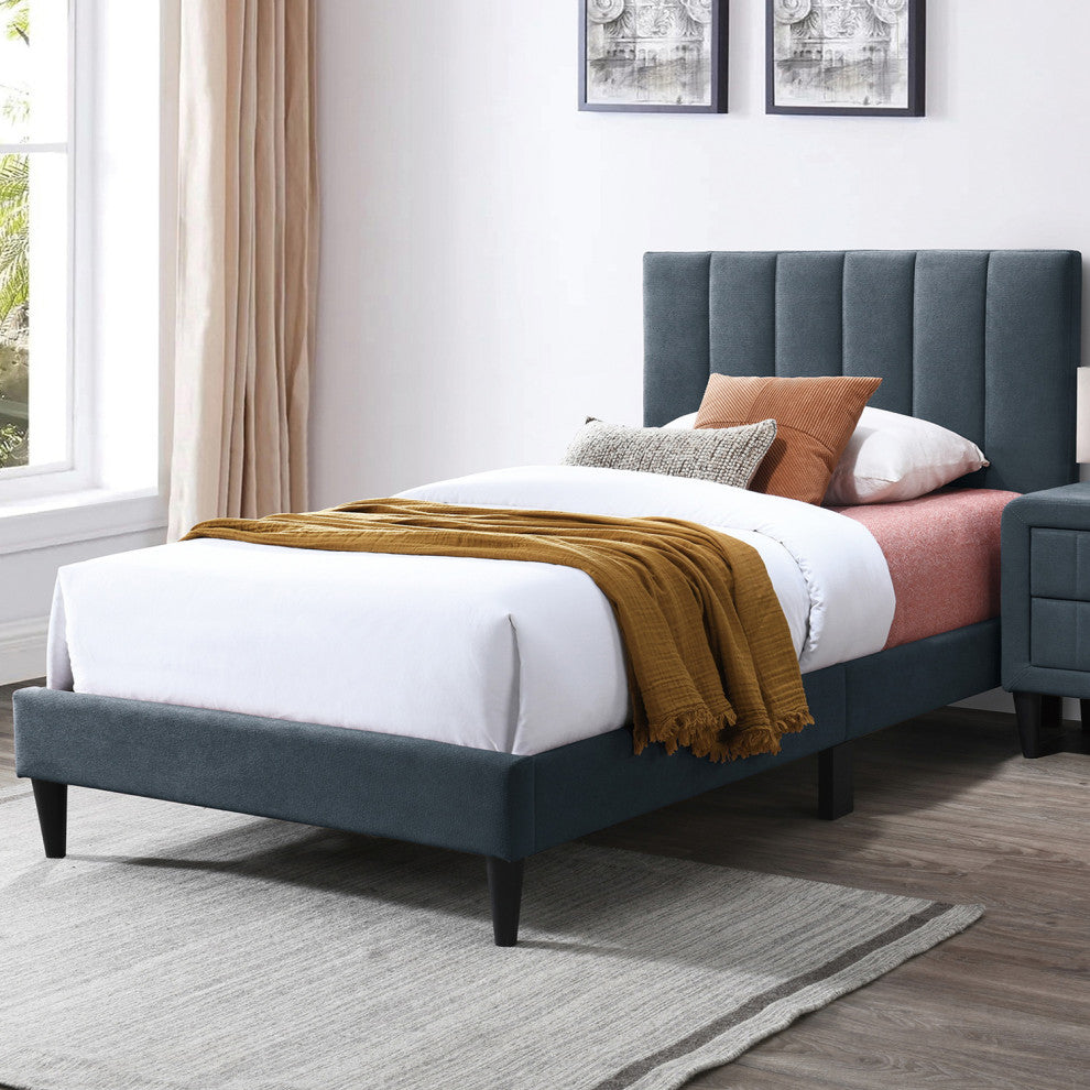 Brushed Linen Fabric Full Bed With Channel Tufting Design, Charcoal