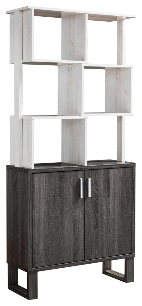 Crew 68 Inch Wood Bookcase Unit, 1 Cabinet, 6 Compartments, Oak White, Gray