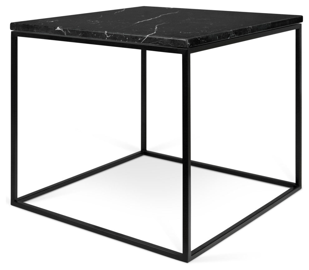 Minimal Modern Cube Marble Top Side Table, Black Marble/Black Base