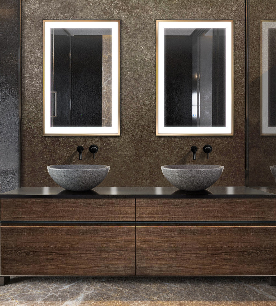 LED Lighted Bathroom Frame Mirror With Defogger, Gold, 24"x36"