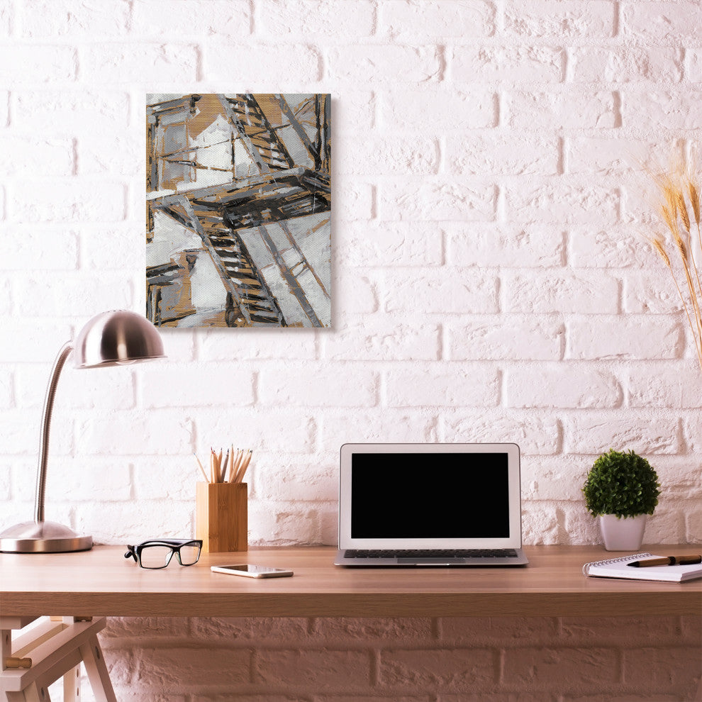 Abstract Fire Escape Gold Silver City Painting, 24"x30"
