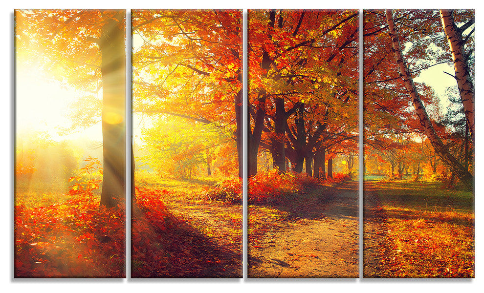 Autumnal Trees in Sunrays, Large Landscape Canvas Art Print, 48"x28", 4 Panels