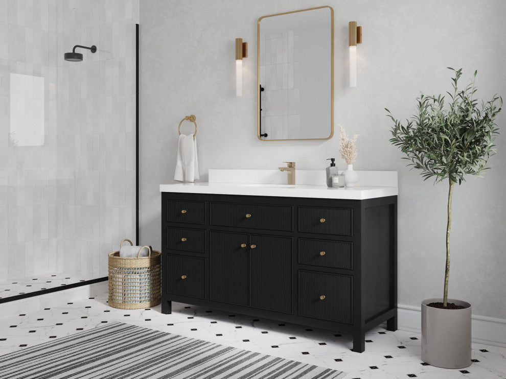 Sonoma 60 Single Sink Reeded Bathroom Vanity in Black 2" Calacatta Laza
