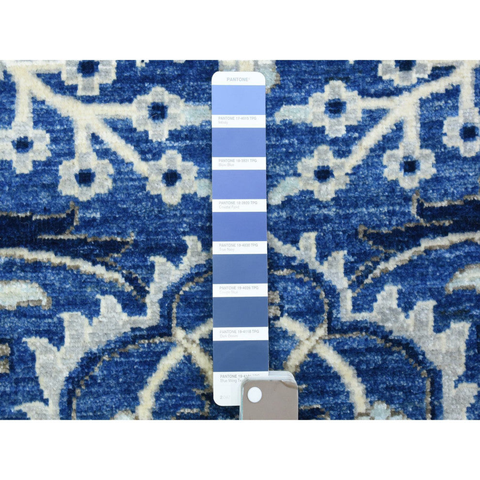 Cobalt Blue, Fine Peshawar Soft Wool Hand Knotted Wide Runner Rug, 4'3"x11'9"