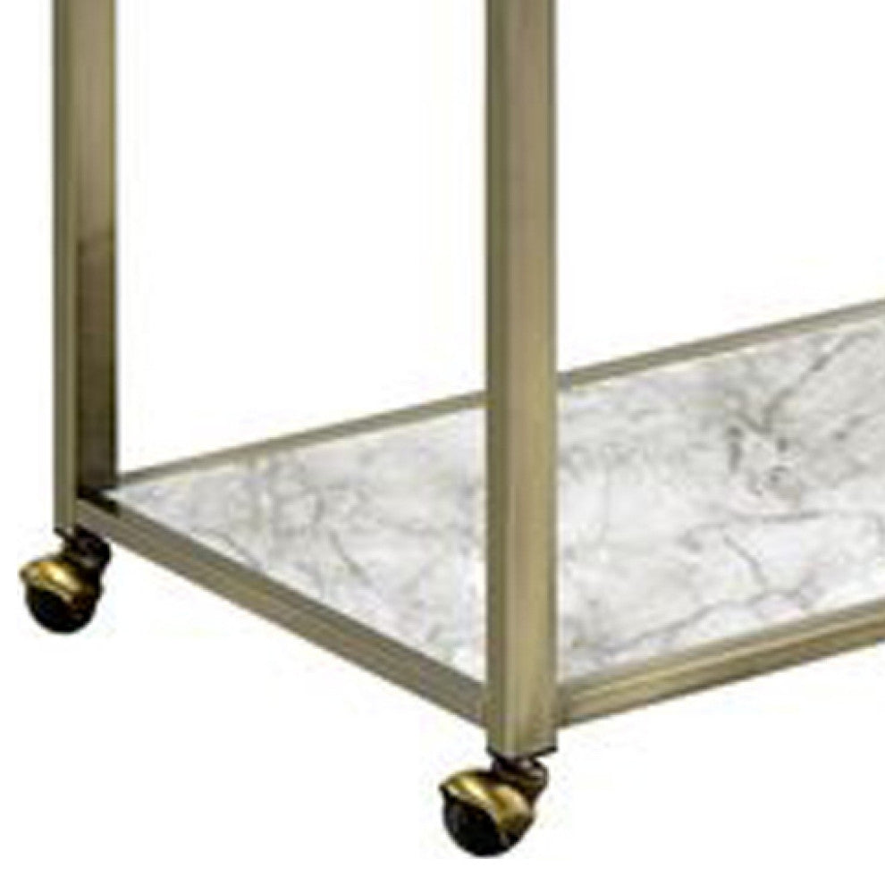 Benzara BM269069 2 Tier Serving Cart With Faux Marble and Metal Frame, Silver