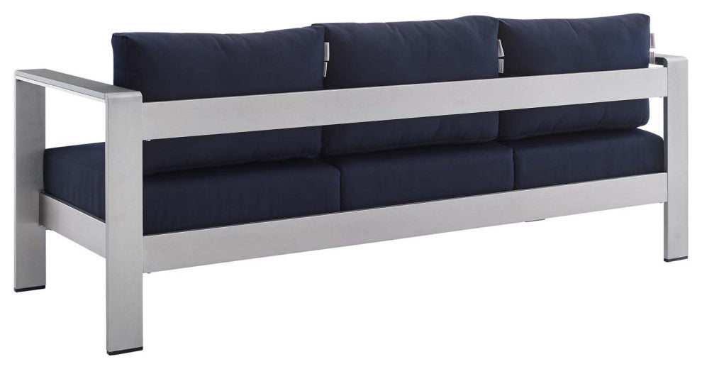 Sectional Sofa Chair Table Set, Sunbrella, Aluminum, Silver Blue Navy, Outdoor