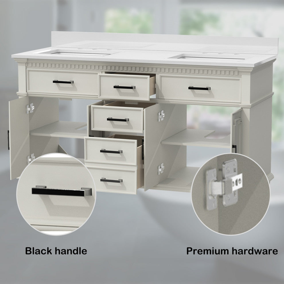 60''Wood Bathroom Vanity Set, With Drawers, Marble Top And Undermount Sink, White