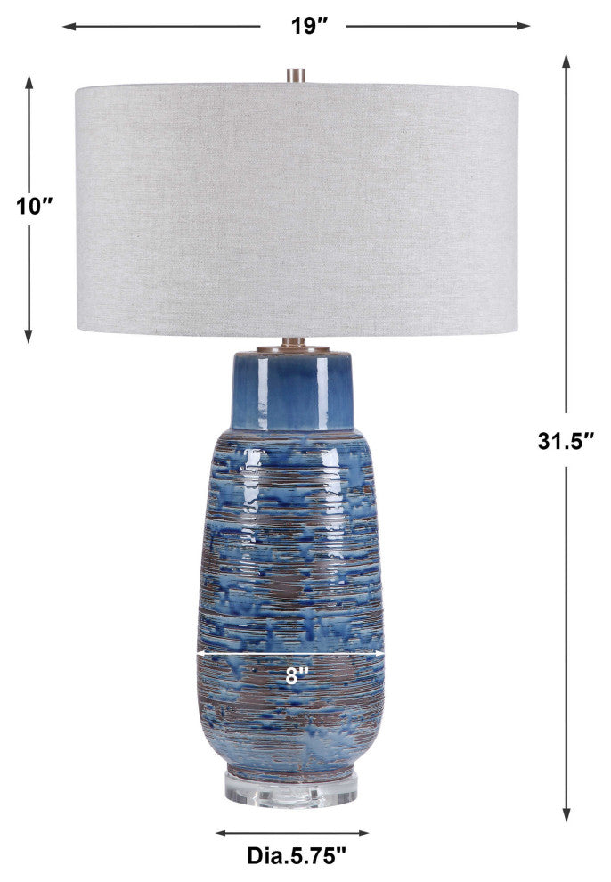 Modern Art Pottery Blue Bronze Lined Table Lamp Neutral Drip Glaze Ceramic White