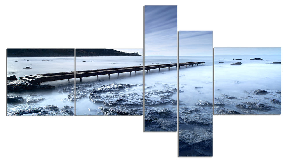 Wooden Pier Deep into Sea, Seascape Canvas Art Print, 60"x32", 5 panels