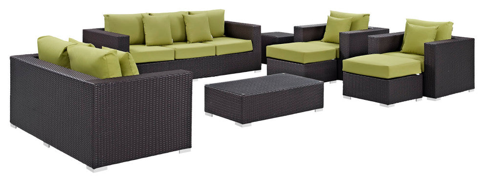 Modway Convene 9 Piece Outdoor Patio Sofa Set, Espresso Peridot