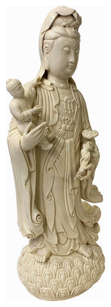 Chinese Off White Porcelain Song Zi Kwan Yin With a Boy Figure / Statue Hf312