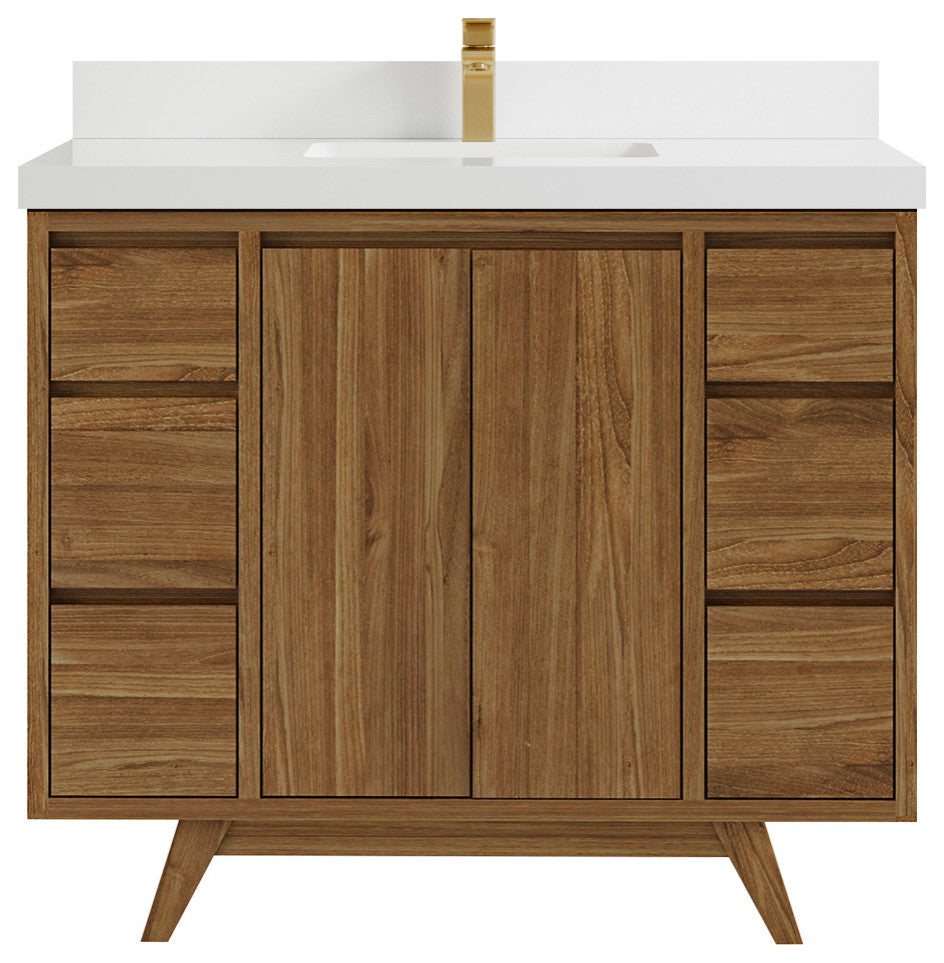 Madison Teak 42 Single Sink Bath Vanity in Dark Natural 2" White Quartz