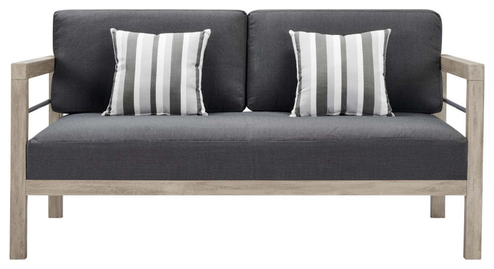 Lounge Loveseat Sofa, Wood, Gray, Outdoor Patio Balcony Cafe Bistro Garden