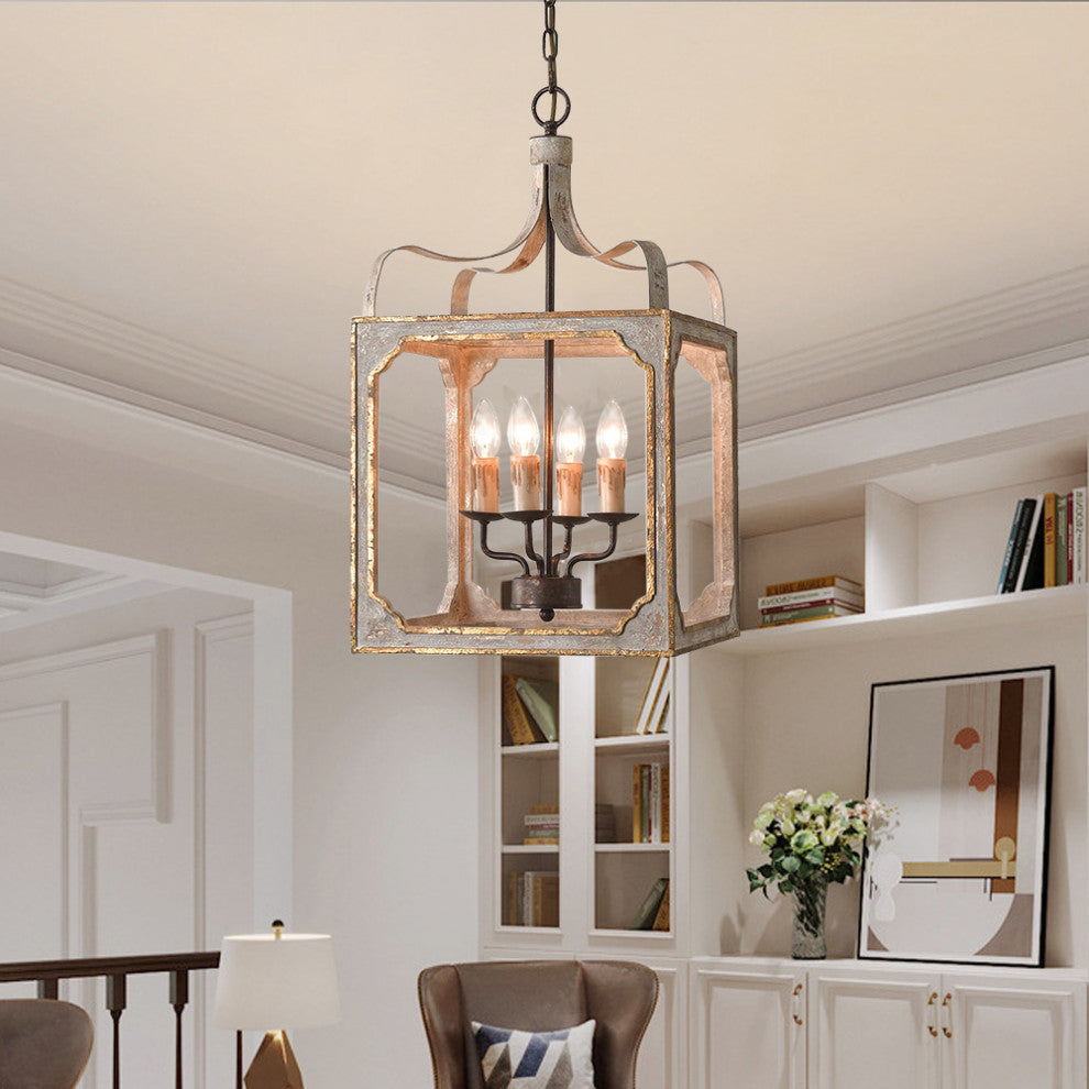 4-Light Lantern Chandelier Square Candelabra Pendant Light, Antique Gray