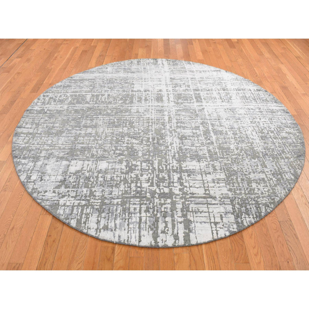 Carbon Gray Wool and Silk Abstract Design Hand Knotted Round Rug 8'2" x 8'2"