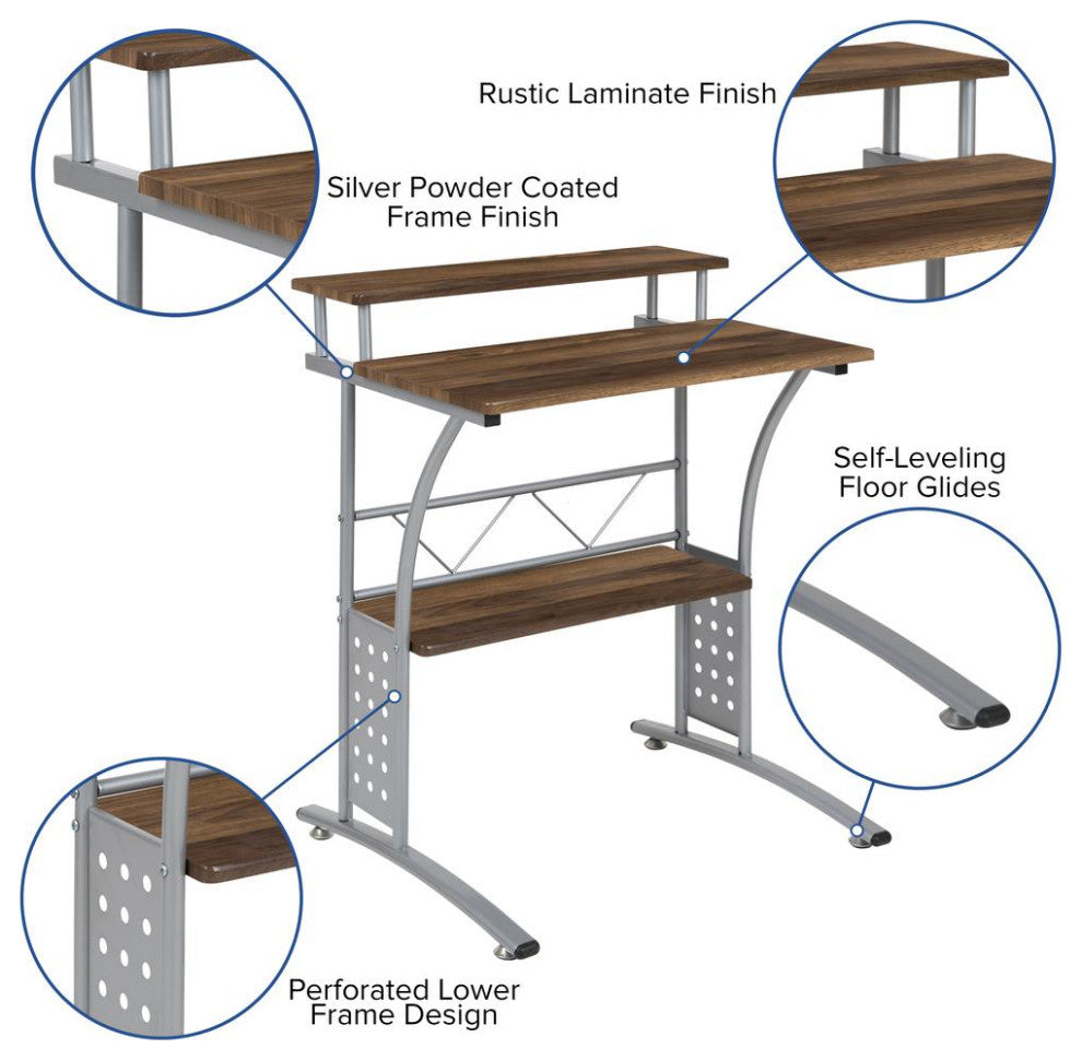 Clifton Rustic Walnut Computer Desk with Top and Lower Storage Shelves