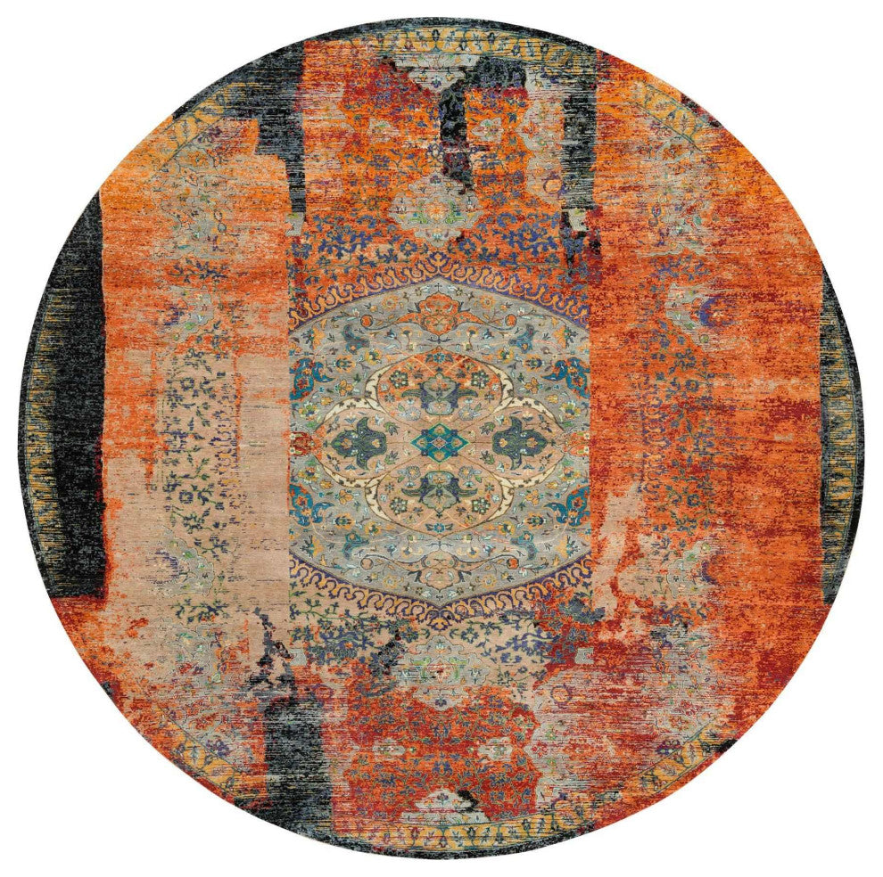 Orange Hand Knotted Ancient Ottoman Erased Design Wool Round Rug 14'x14'