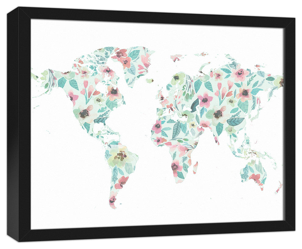 Floral World Map 16x20 Black Framed Canvas