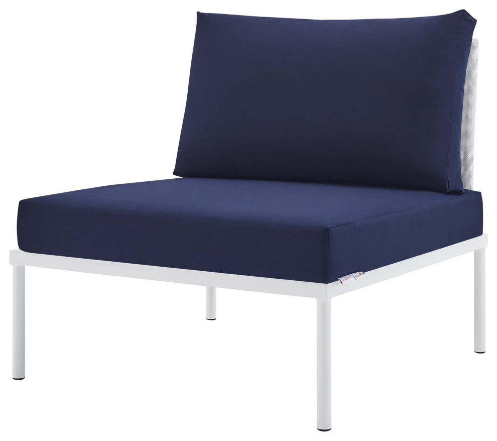 Sectional Sofa Chair Table Set, Sunbrella, Aluminum, White Blue Navy, Outdoor