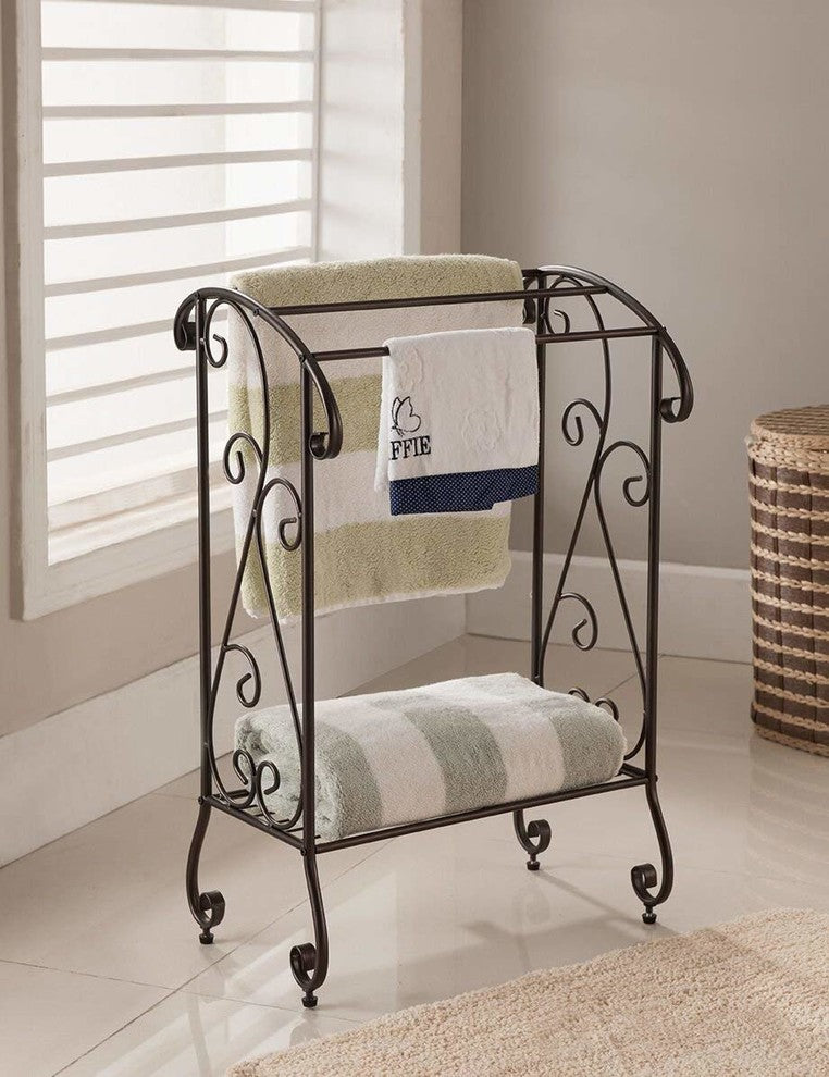 Benzara Free Standing Metal Towel Rack Stand With Shelf, Black