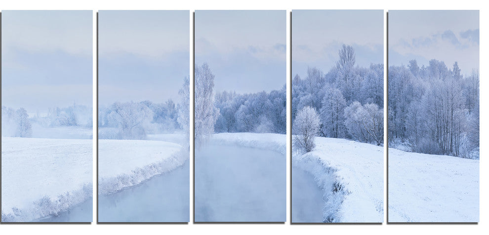 "Blue Frosty Winter Weather Panorama" Landscape Wall Art, 5 Panels, 60"x28"