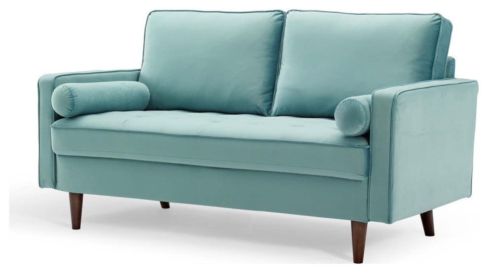 Loveseat Sofa, Velvet, Blue, Modern, Living Lounge Room Hotel Lobby Hospitality