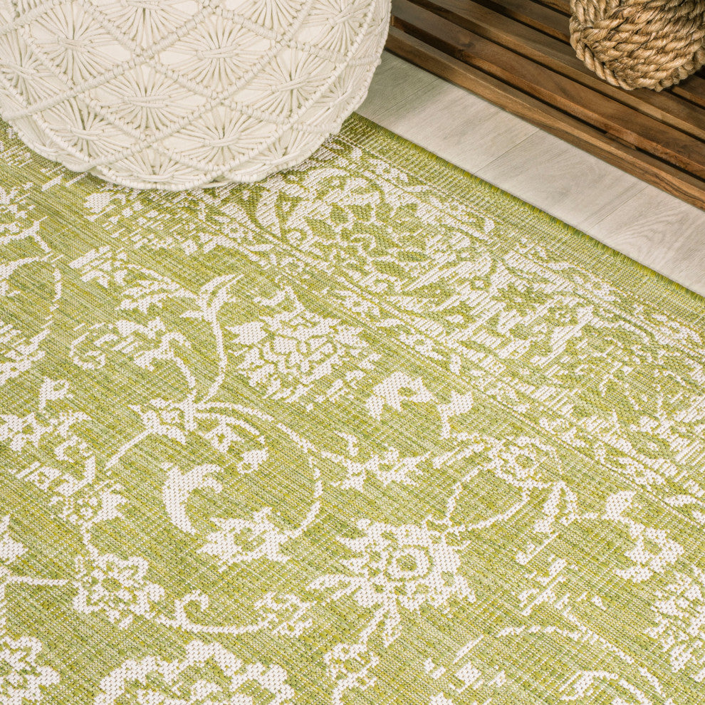 Tela Boho Textured Weave Floral Indoor/Outdoor Rug, Green/Cream, 4 X 6