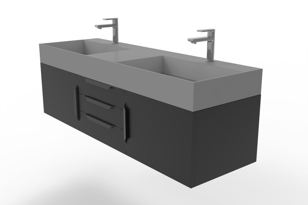 CastelloUSA Amazon 60" Wall Mounted Bathroom Vanity Set, Black, Gray Top, Black Handles